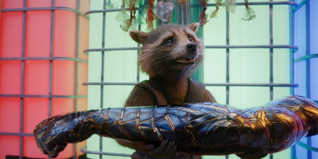 Rocket Raccoon holding Bucky's arm in The Guardians of the Galaxy Holiday Special 