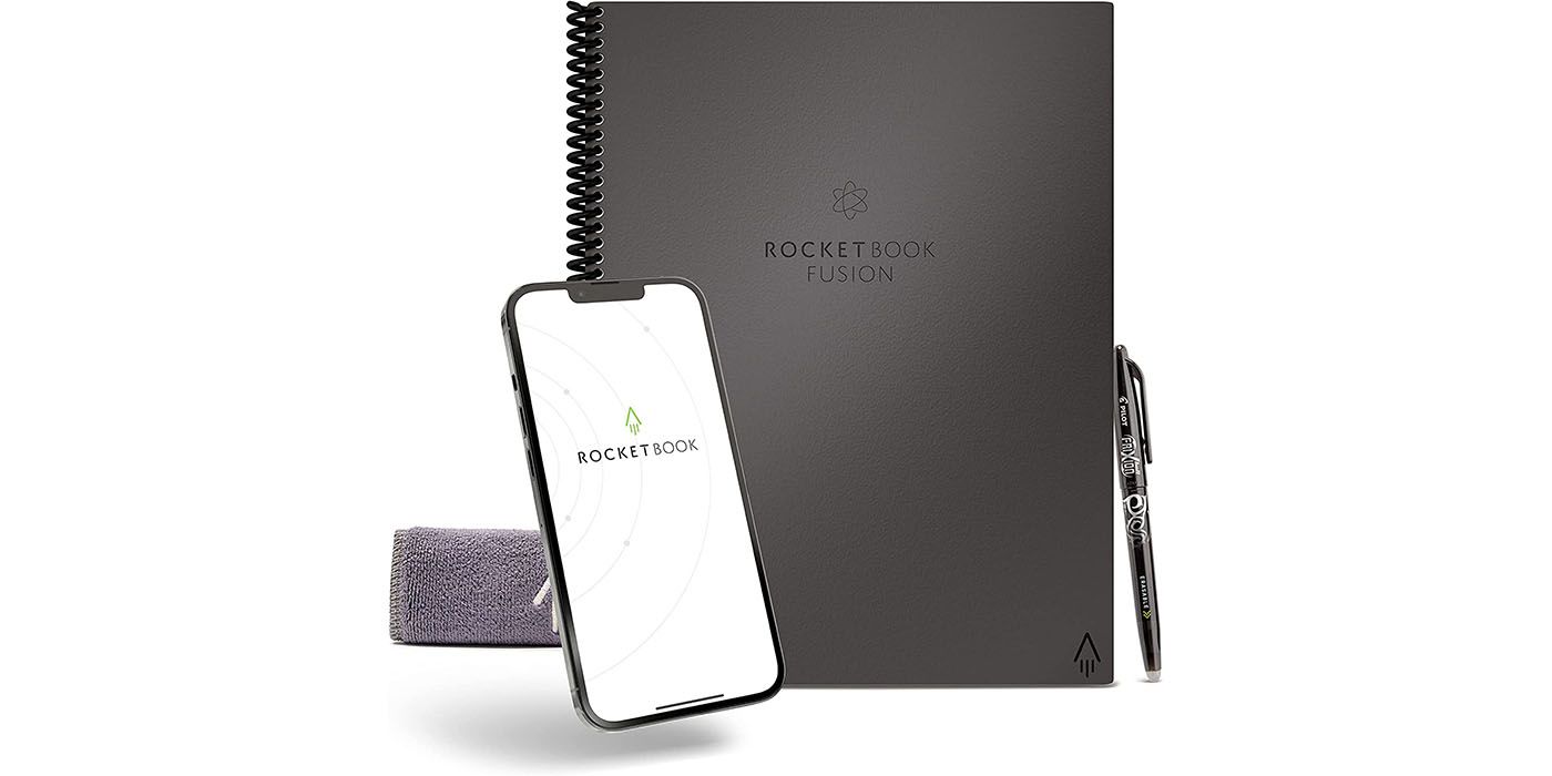 rocketbook fusion digital notebook with Pilot Frixion pen, smartphone, and cleaning cloth