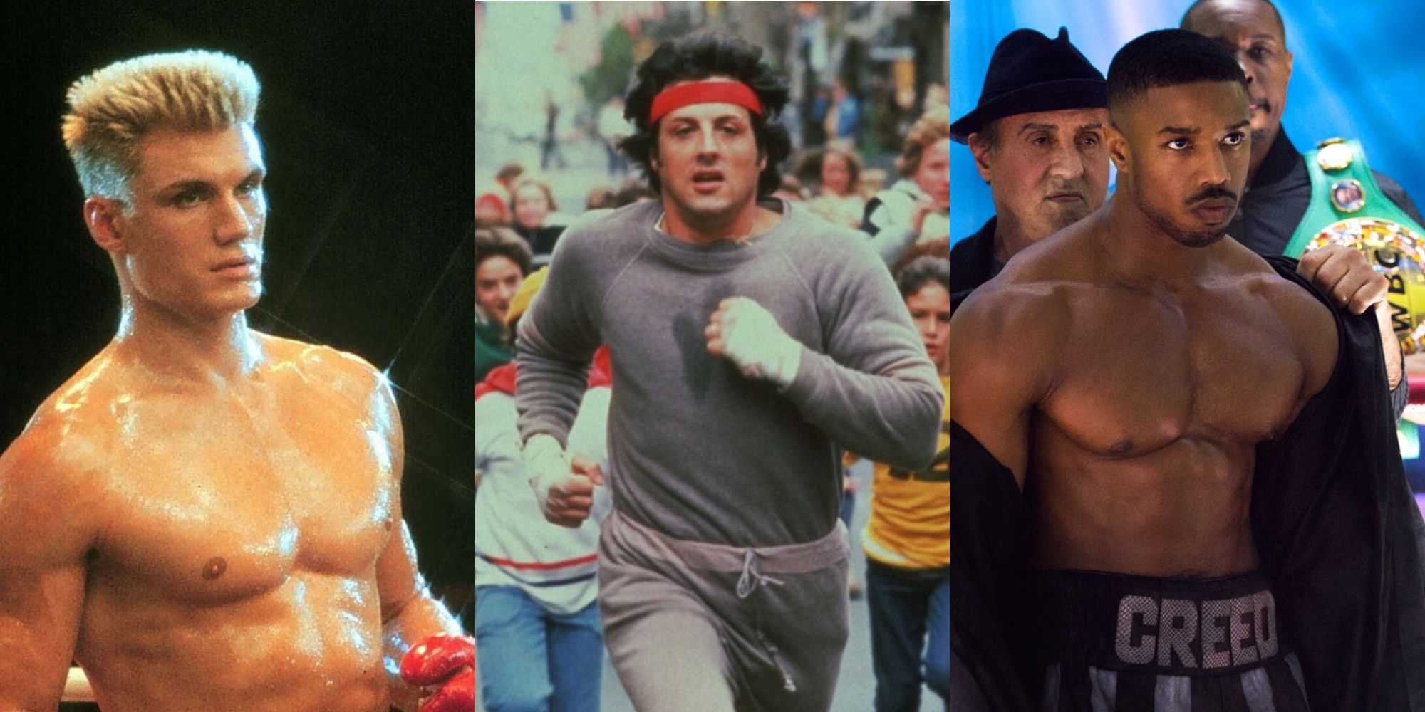 Split image of Drago, Rocky and Creed
