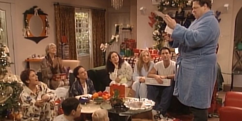 Keluarga Conner merayakan Natal di ruang tamu di Roseanne