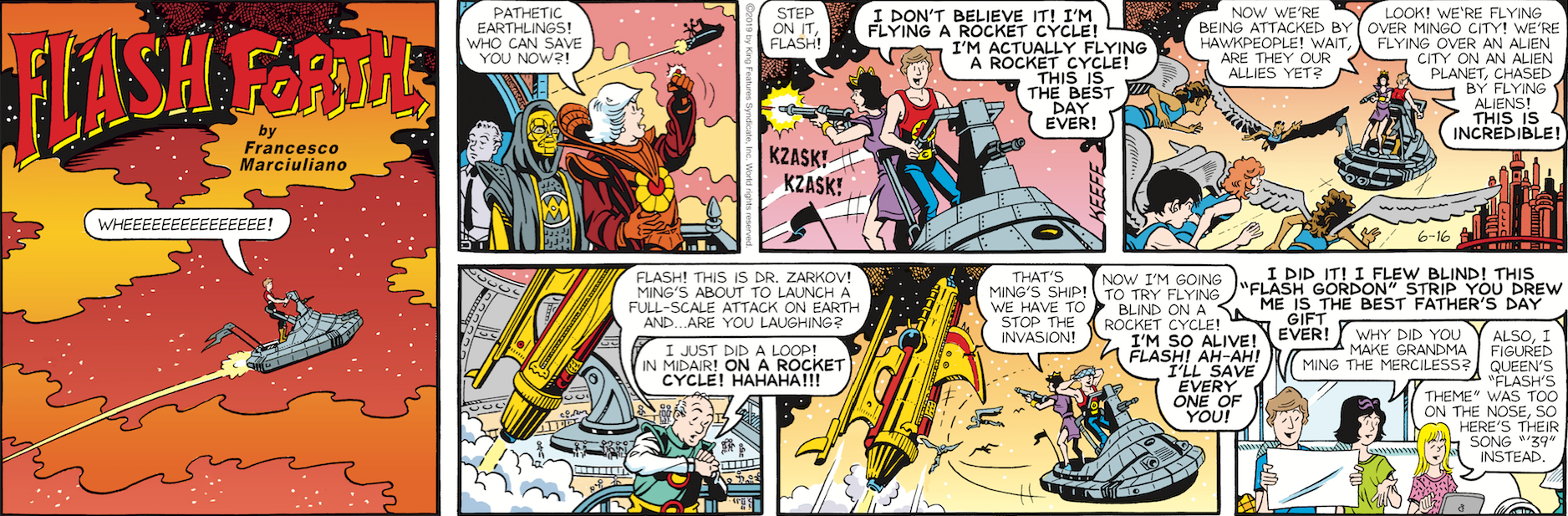Une image d'une bande dessinée multi-panneaux Sally Forth dans le style de la bande Flash Gordon est montrée.