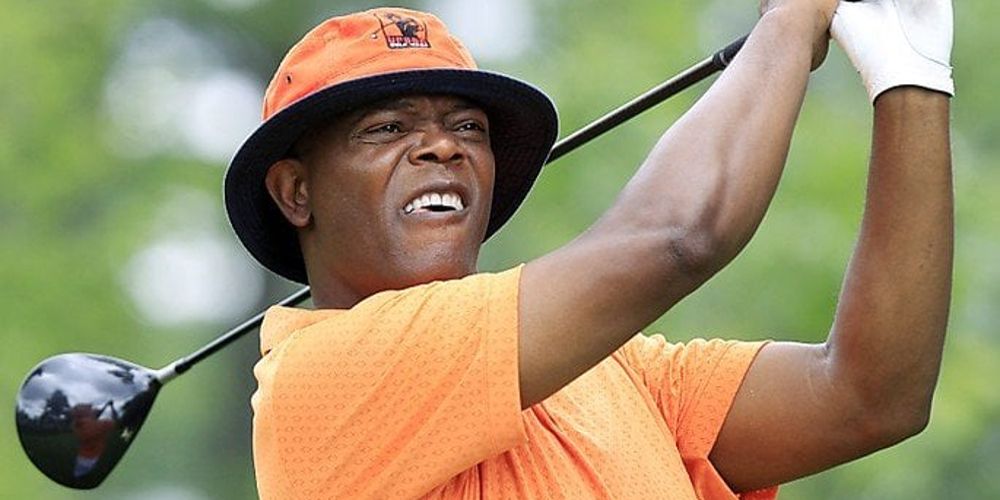 Samuel L. Jackson plays golf in an orange outfit