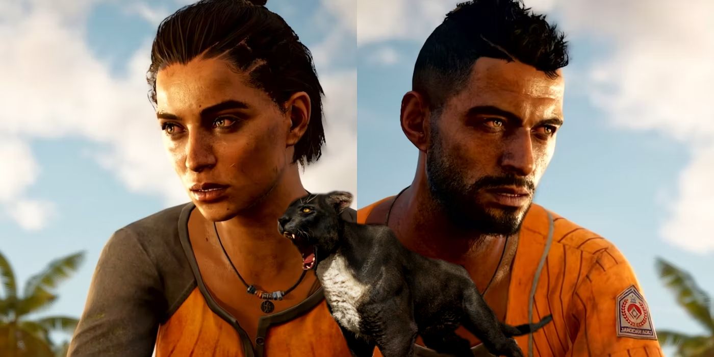 Sanguinario in Far Cry 6 superimposed over an image of Male Dani and Female Dani