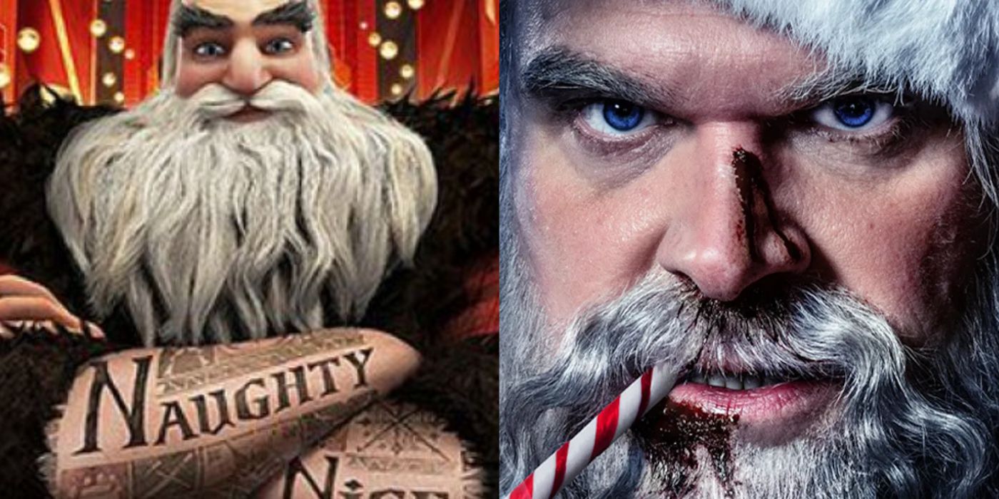 Santa crossing his tattooed arms in Rise of the Guardians and Santa with blood on his chin and a candy cane in his mouth in Violent Night. 