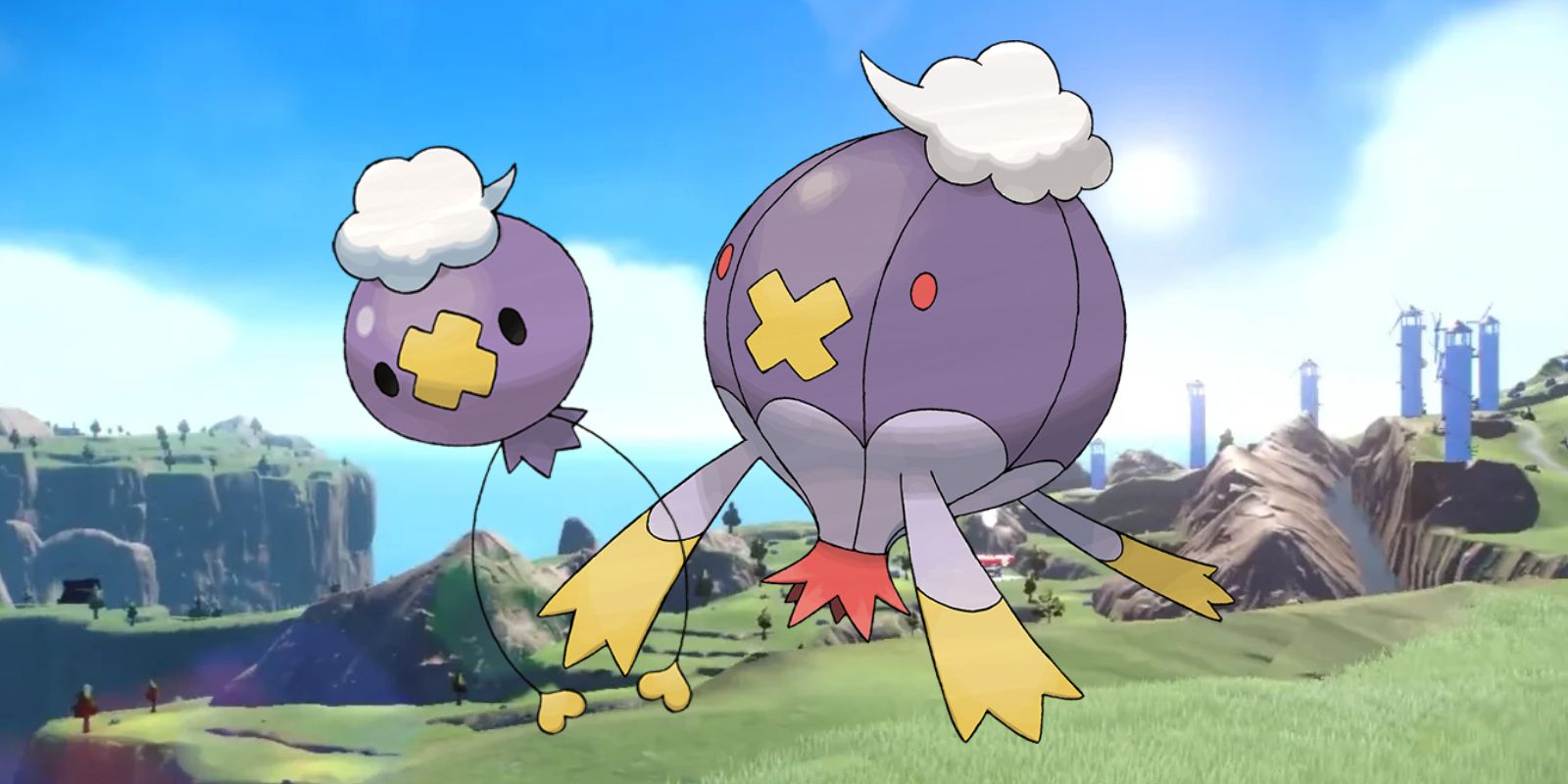 Artwork of a Drofloon and Drifblim superimposed over a landscape from Scarlet and Violet with windmills along a rocky ridge.