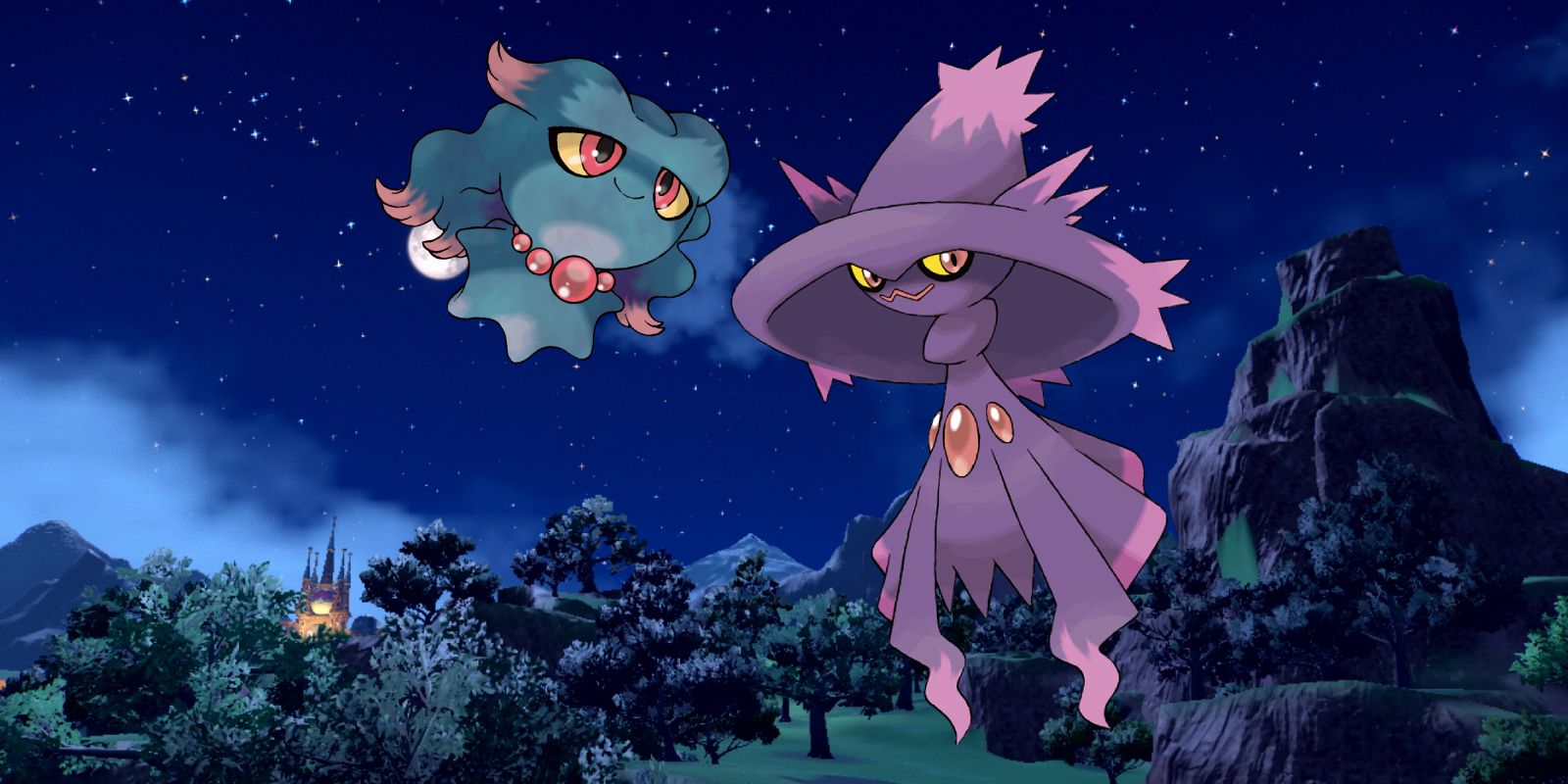 Artwork of Misdreavus and Mismagius superimposed over a Pokémon Scarlet and Violet nighttime landscape, with a mountain to one side, and a building illuminated in the dark to the other.