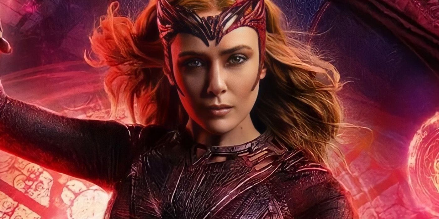 Wanda em sua roupa de Feiticeira Escarlate em frente a uma janela vermelha do Sanctum em Doutor Estranho 2