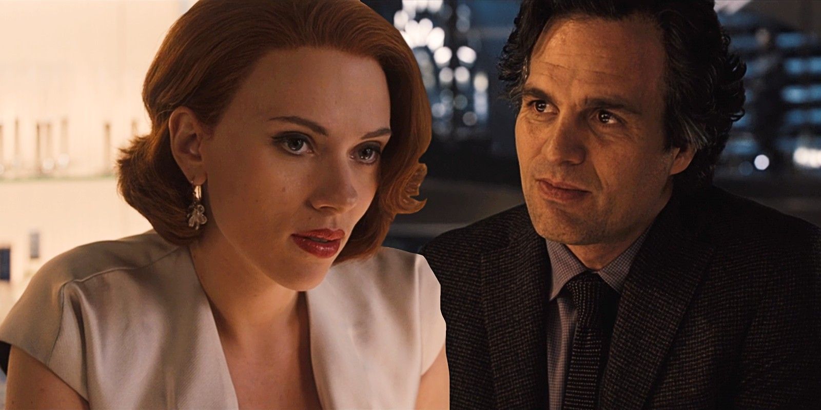 Scarlett Johansson como Natasha e Mark Ruffalo como Bruce Banner em Vingadores: Era de Ultron