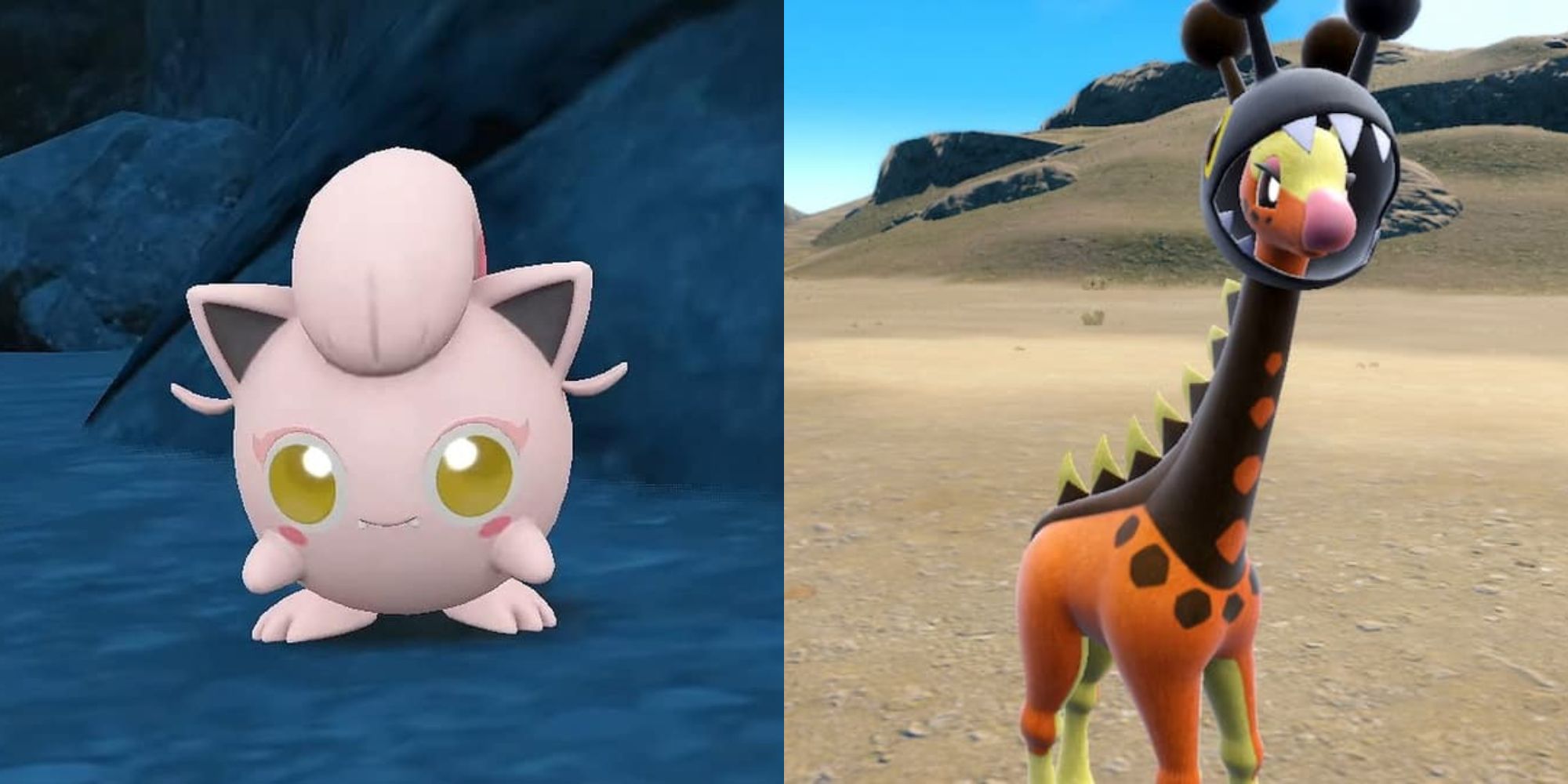 Split image showing Scream Tail and Farigiraf in Pokémon Scarlet and Violet