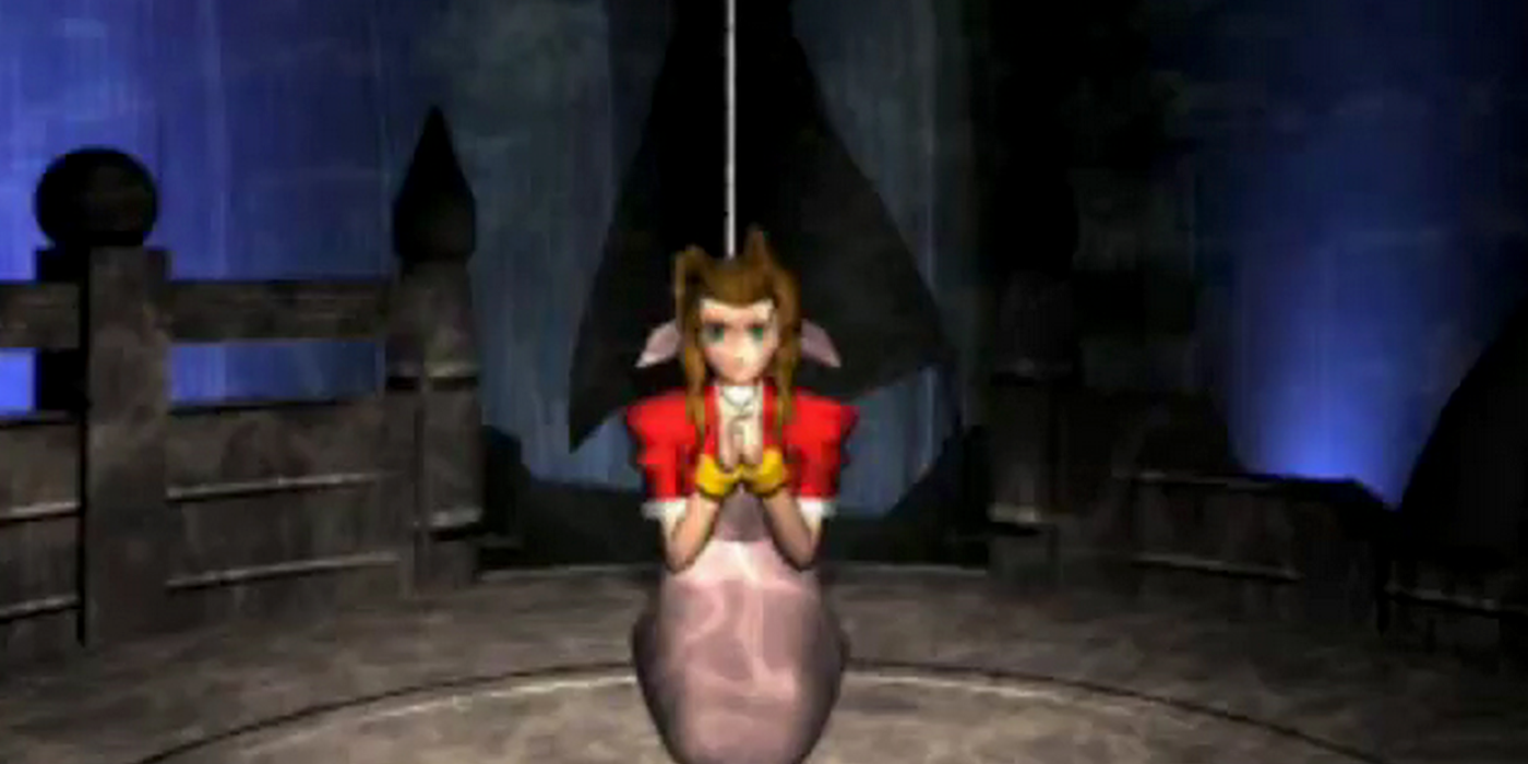 Aerith on bended knees tied up awaiting her death