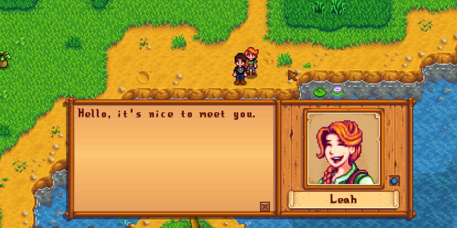 Leah conhecendo um jogador pela primeira vez em Stardew Valley