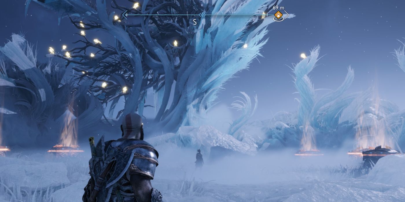 Kratos in Niflheim before the raven tree in god of war ragnarok.