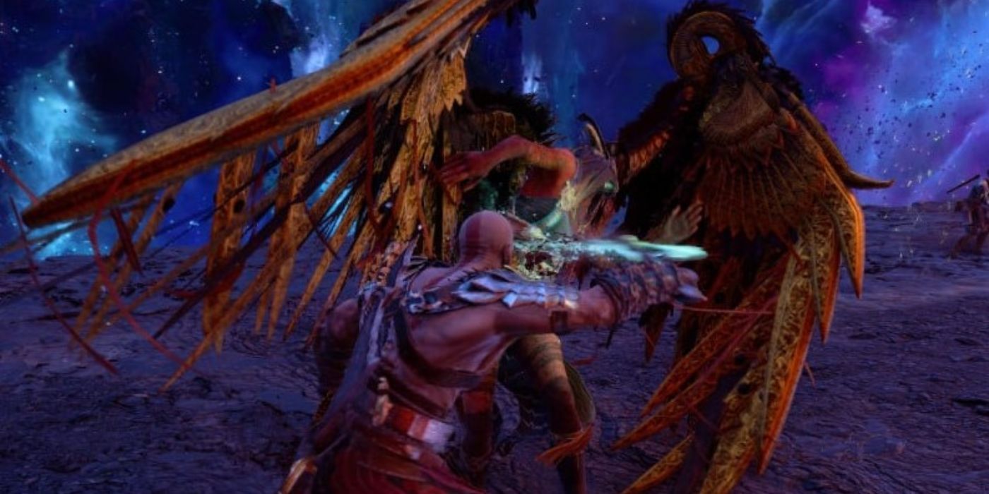 Kratos attacking Hrist in god of war ragnarok boss battle.