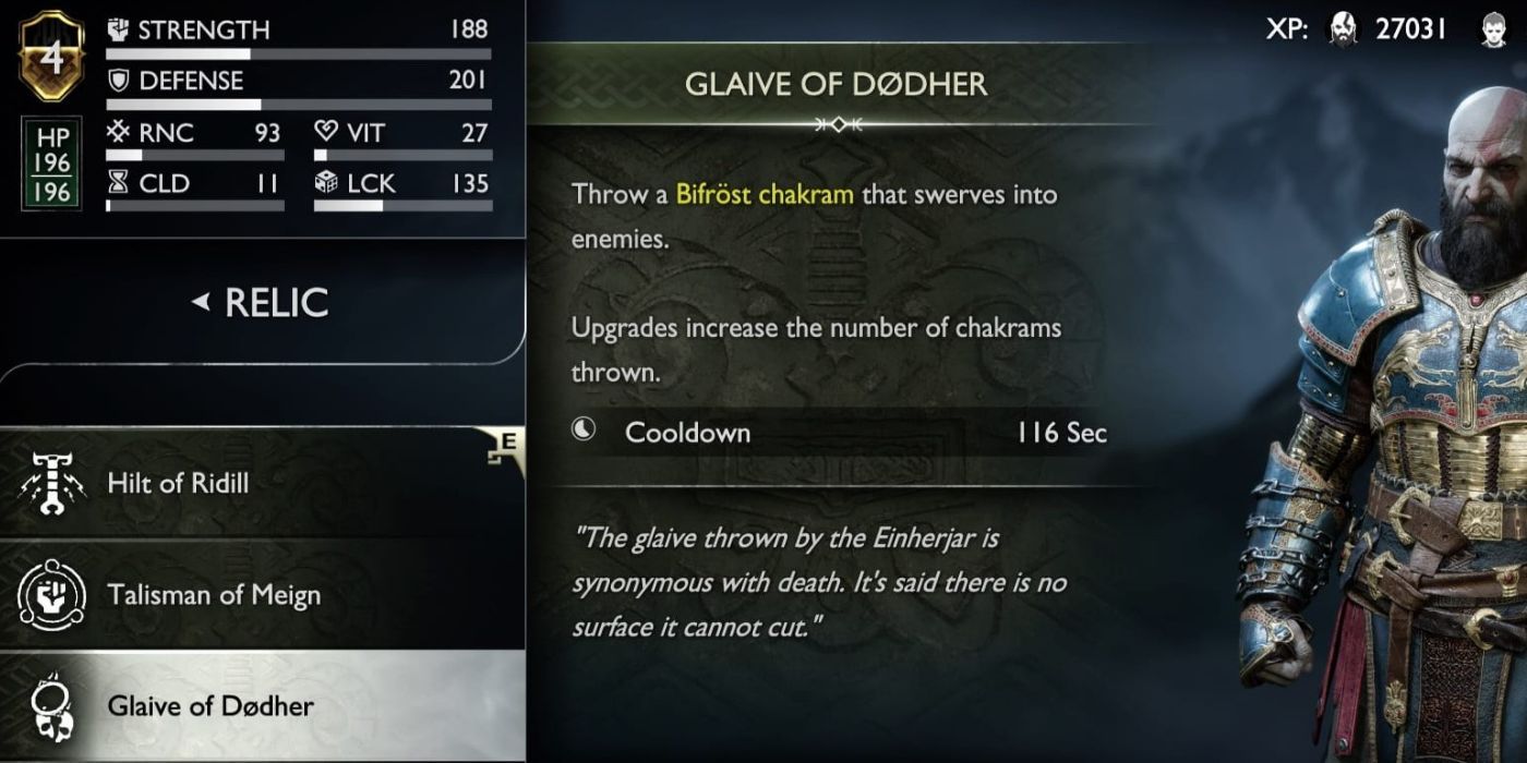Descripción del menú de Glaive of Dodher, una reliquia en God of War Ragnarok que le permite a Kratos 