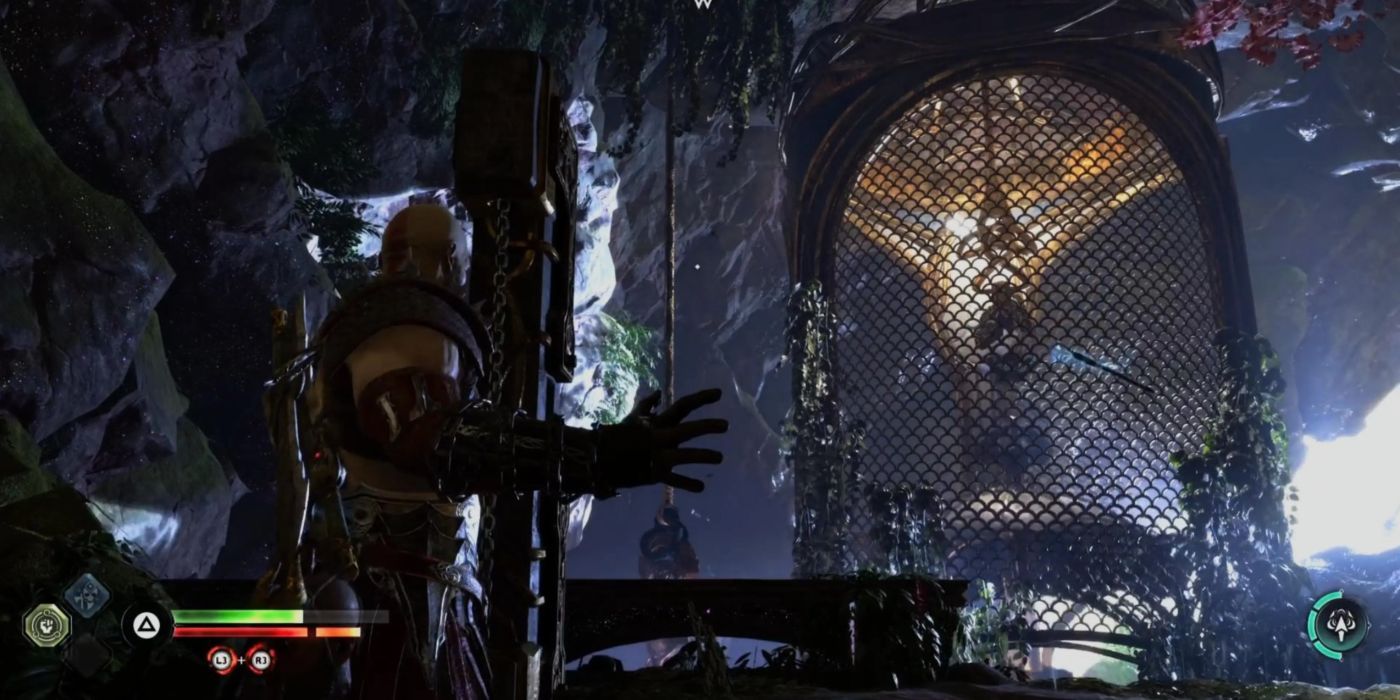 Kratos devolviendo su hacha en Alfheim en God of War Ragnarok.