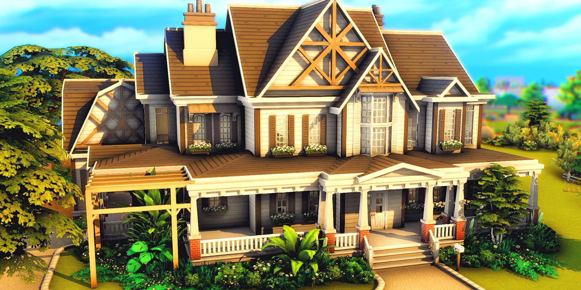 Uma casa no The Sims 4 com um ambiente verdejante
