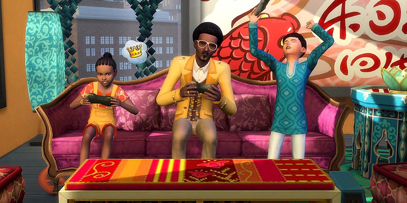 Sims 4 father in the middle playing video games with 2 children, with the daughter winning on the left and son losing in frustration on the right.