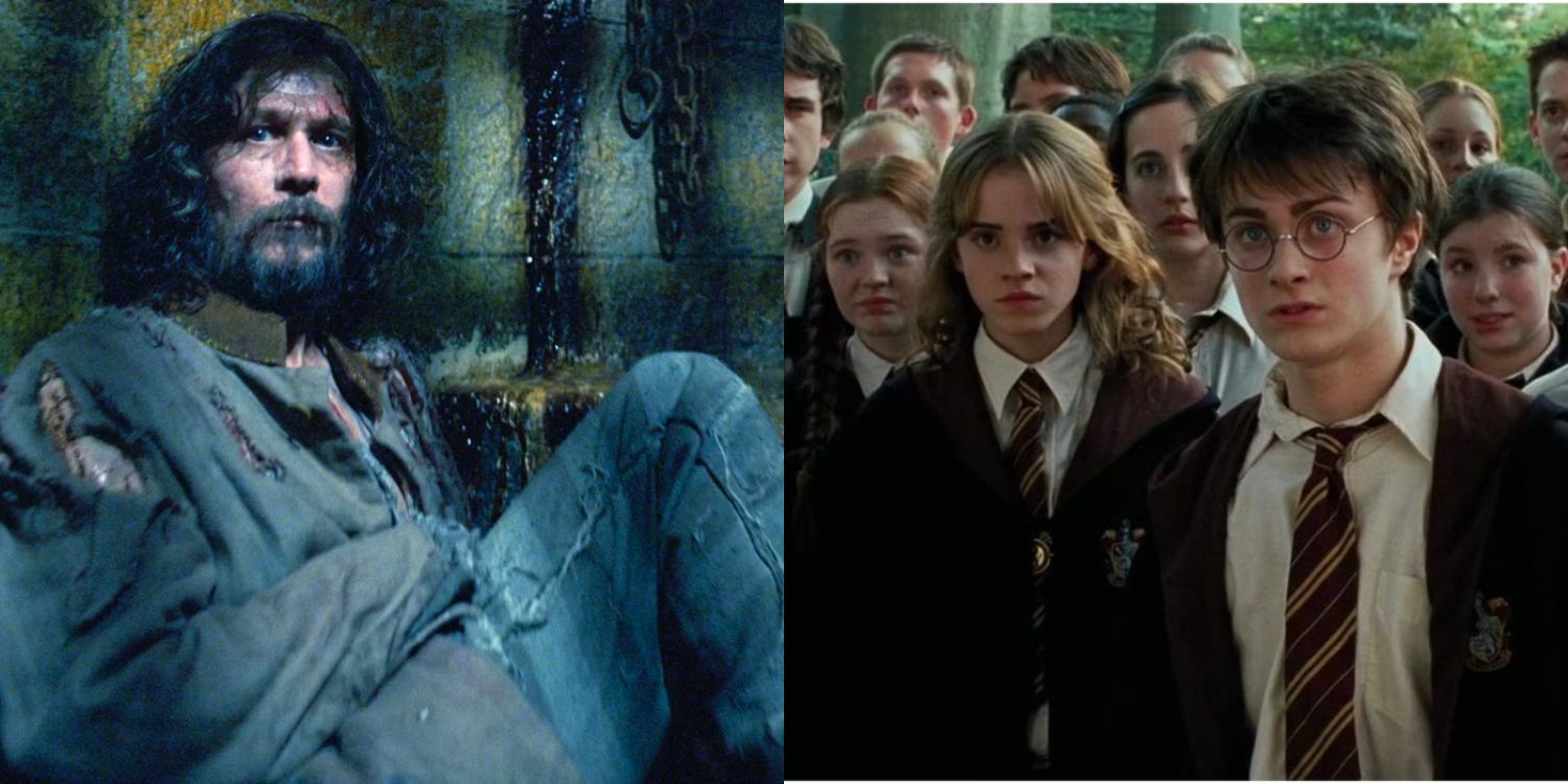 Sirius in Azkaban and Harry and Hermione staring at something 