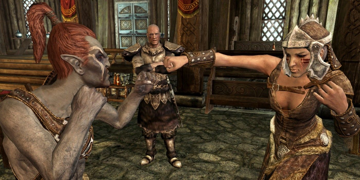 Athis and Njada Stonearm brawling in Skyrim while character watches in background