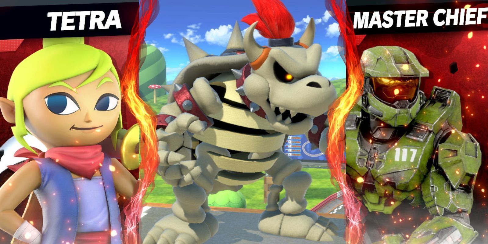 Tetra, Dry Bones Bowser, and Master Chief as custom skins in Smash Bros Ultimate