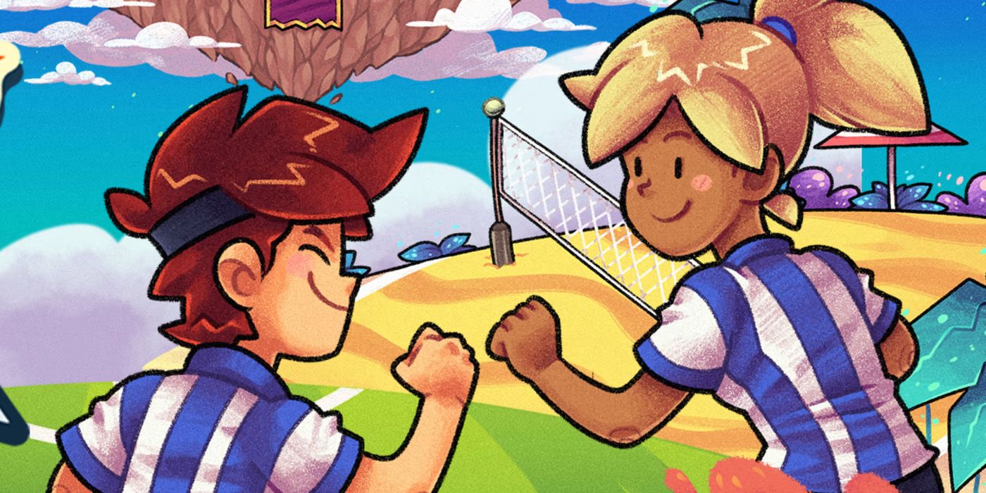 A promotional image for Soccer Story featuring the two playable main characters.