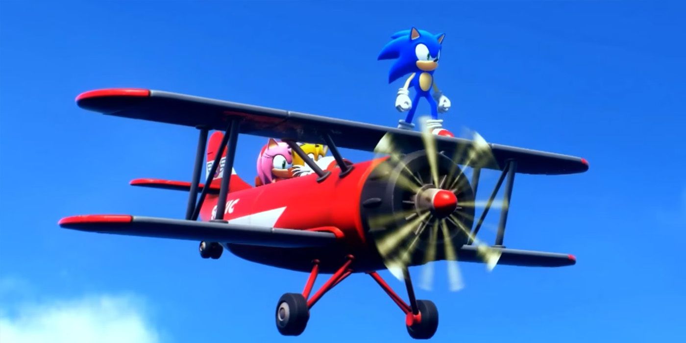 A screenshot of Sonic, Tails and Amy flying in their biplane in Sonic Frontiers.
