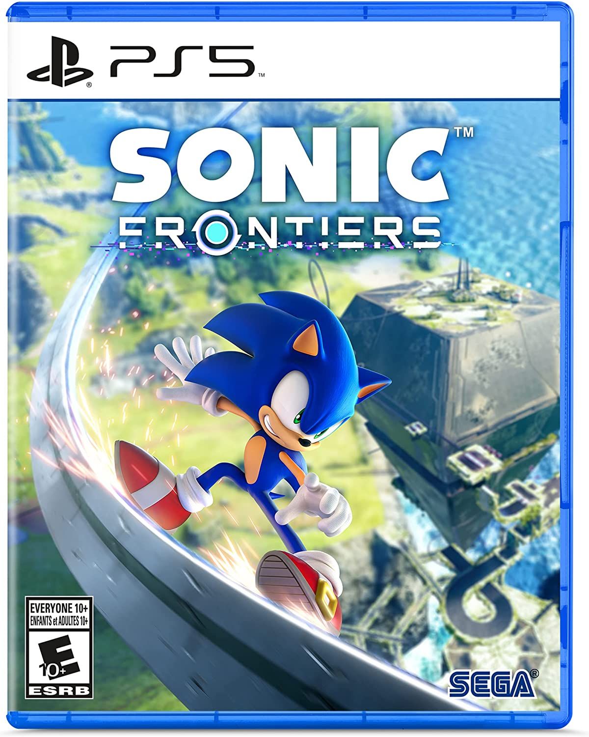 Capa de Sonic Frontiers com Sonic the Hedgehog surfando em uma borda de metal