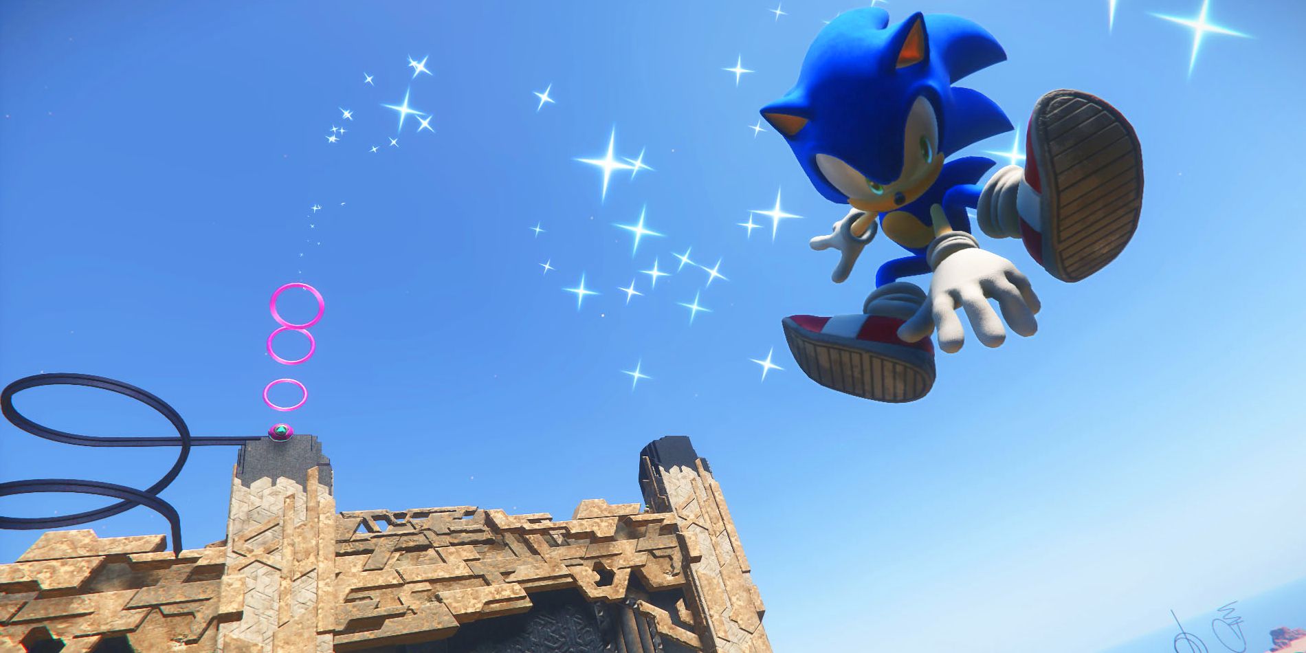 Sonic is seen doing a pose in mid air after jumping off of a ledge from some ruins while sparkles surround him.