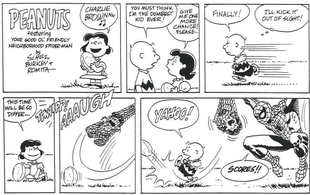 Uma tira de seis painéis de uma história em quadrinhos esquecida incorporando o Homem-Aranha de John Romita em uma tira colaborativa de Peanuts é mostrada.