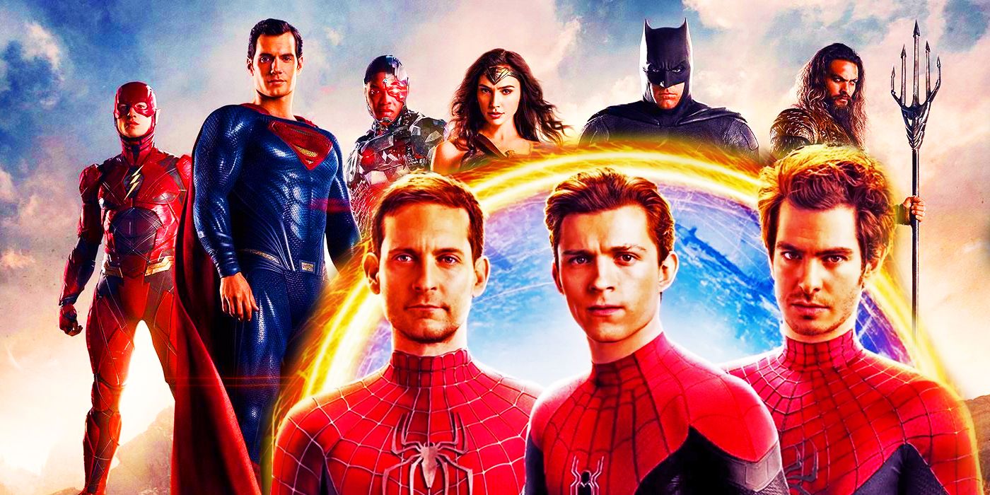 The Justice League cast with Tobey Maguire, Tom Holland, and Andrew Garfield as Spider-Man
