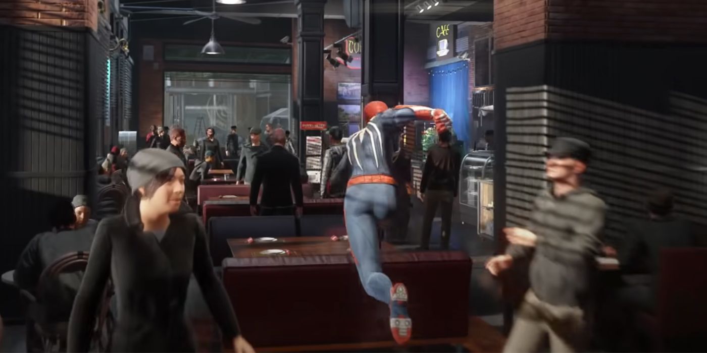 Homem-Aranha correndo por um café em uma cena deletada do trailer de revelação de 2016 para Marvel's Spider-Man