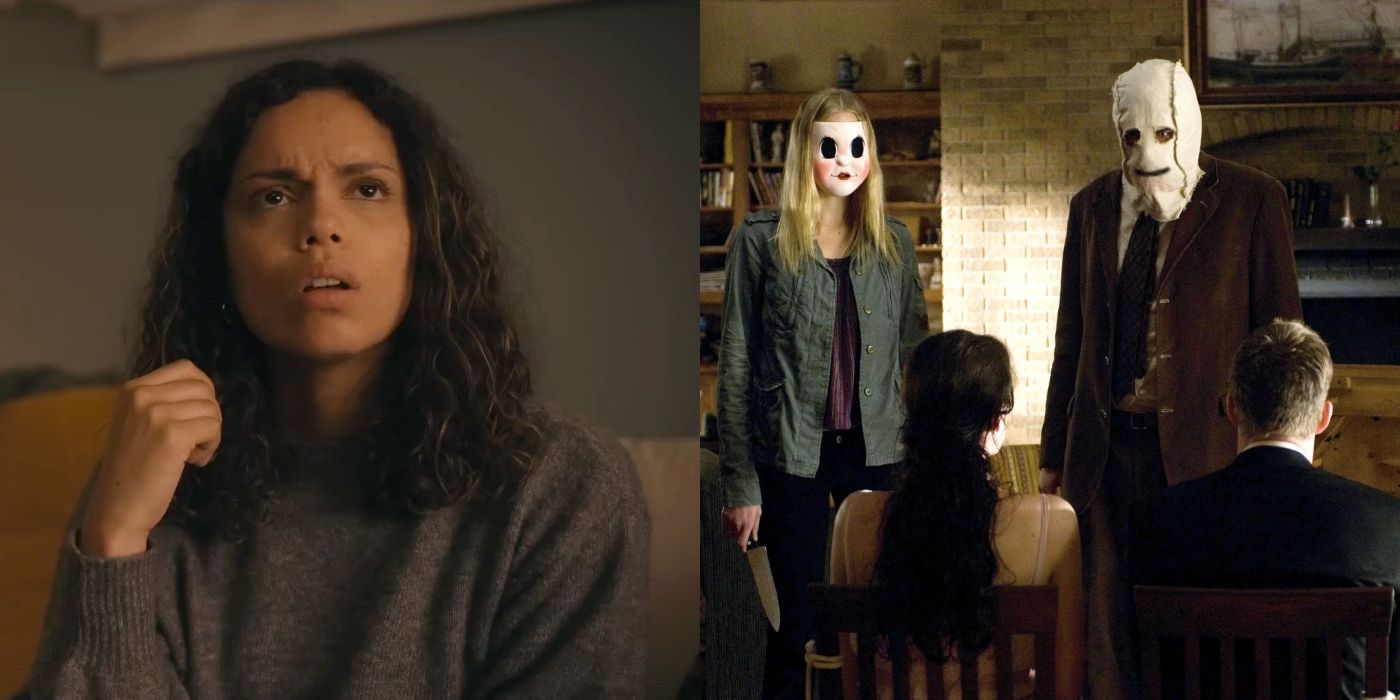 Split image of Tess in Barbarian and the masked intruders in The Strangers