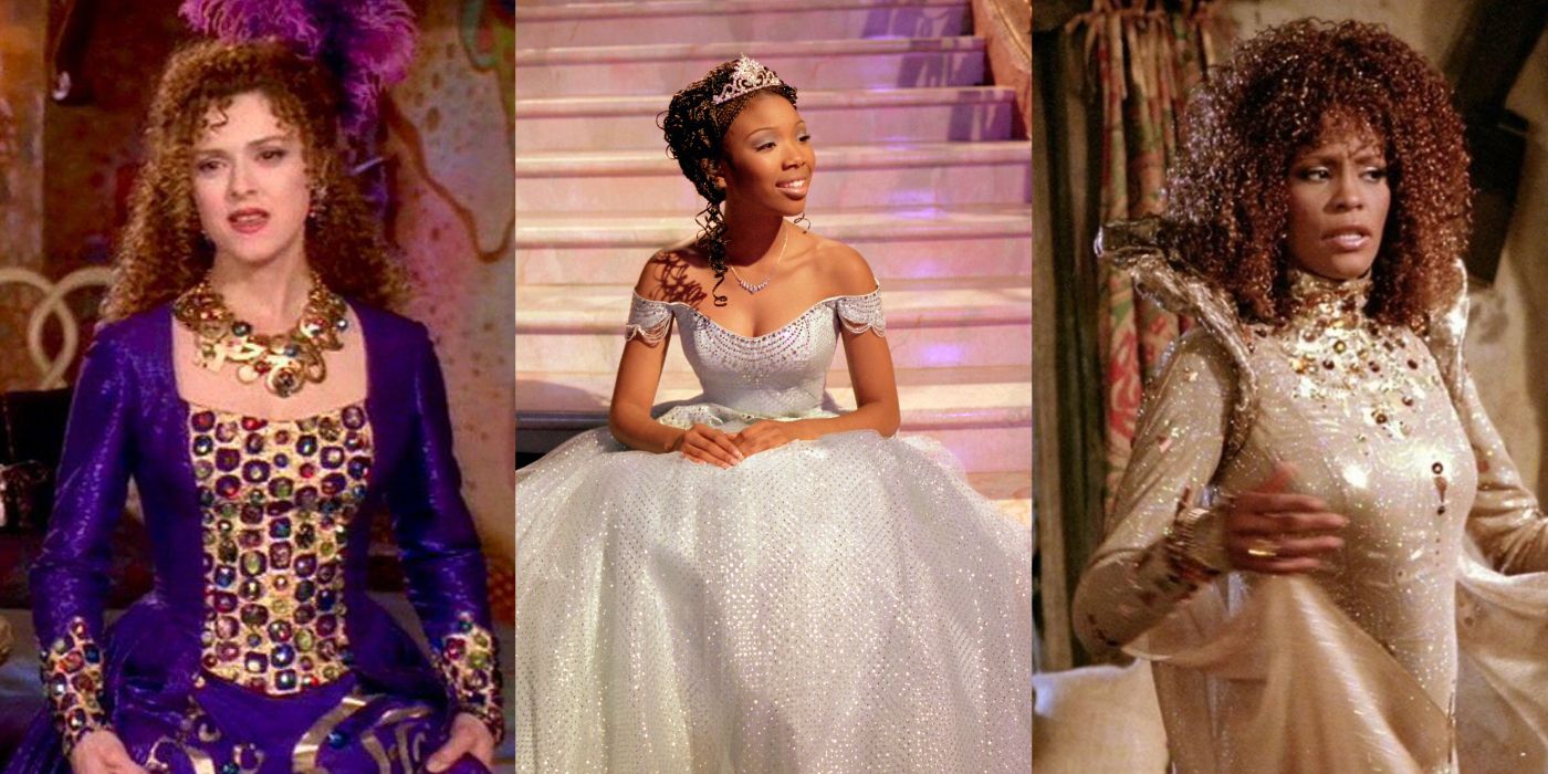 Split image of 1997 Cinderella: Bernadette Peters as the stepmother, Brandy as Cinderella, and Whitney Houston as the Fairy Godmother