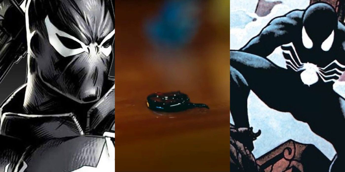 Split image of Agent Venom, the Venom symbiote from No Way Home, and Black Suit Spider-Man