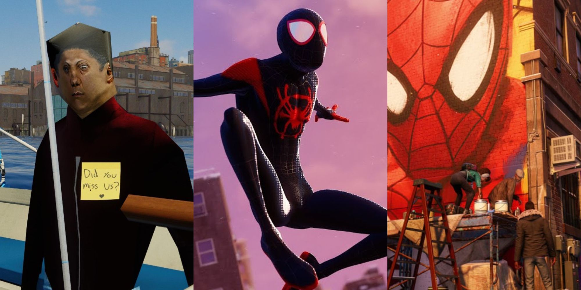 Split image of an NPC, Miles Morales and a Spider-Man mural in Miles Morales game
