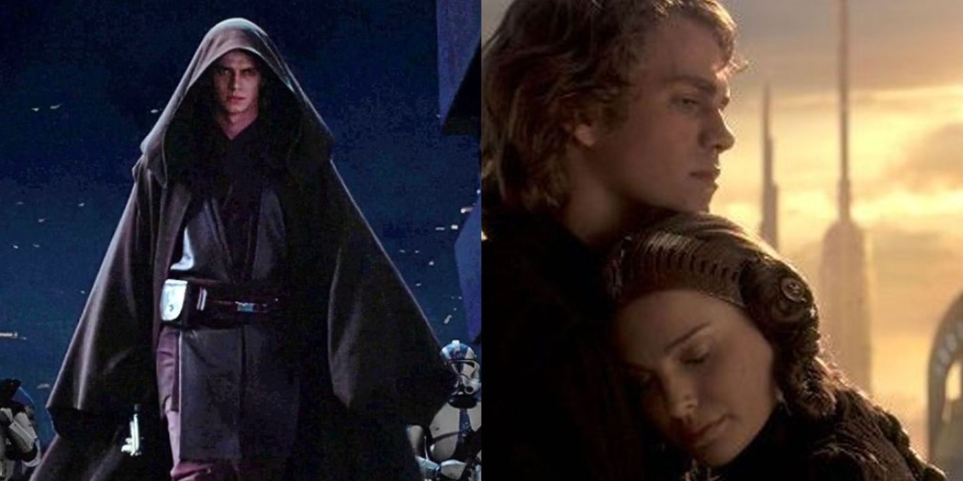 Split image of Anakin marching on the Jedi Temple and Anakin with Padme