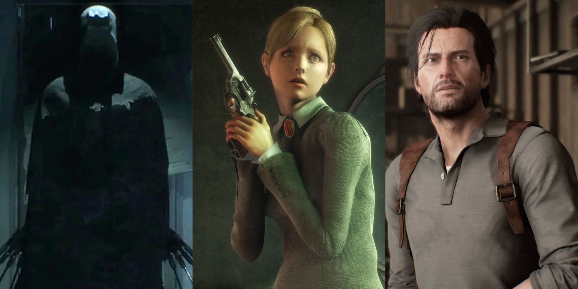 Split image of characters from Visage, Rule Of Rose, and The Evil Within 2