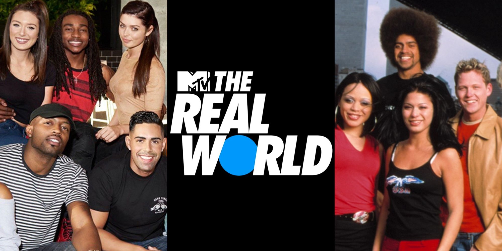 Split image of contestants from and the logo of The Real World feature