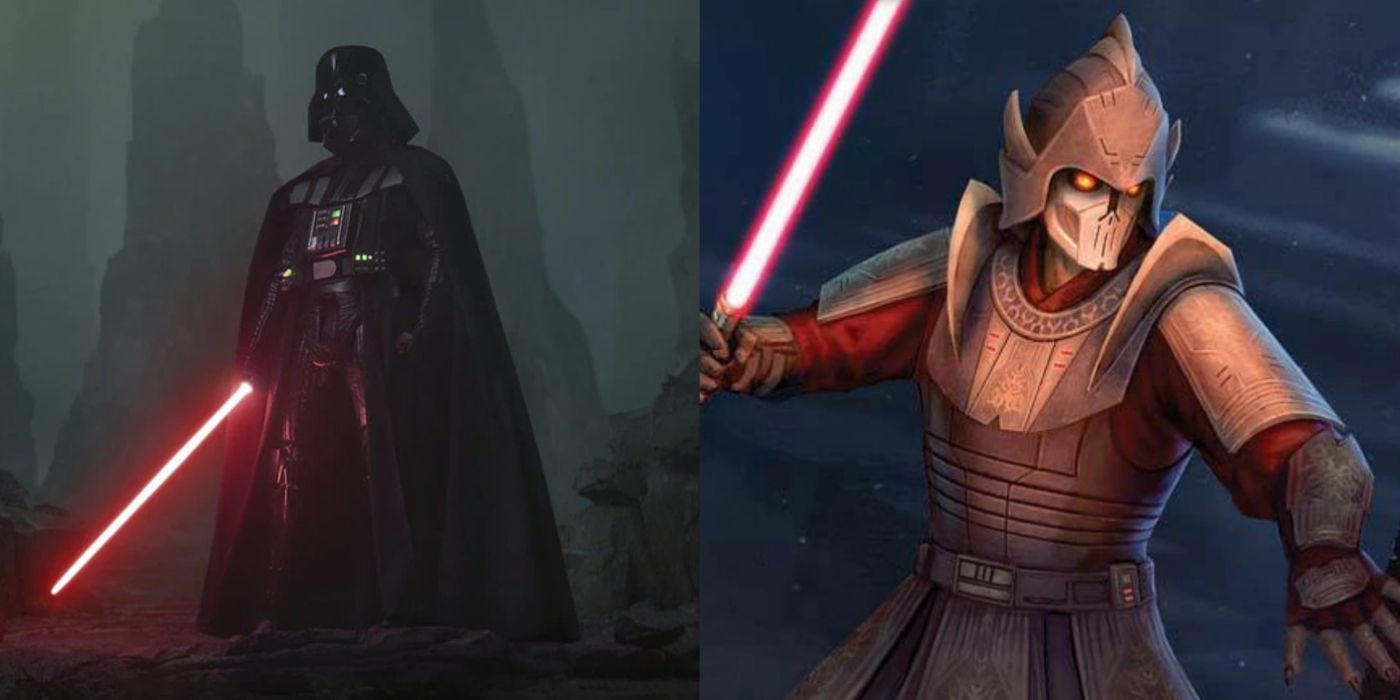 Split image of Darth Vader and Darth Bane in Star Wars