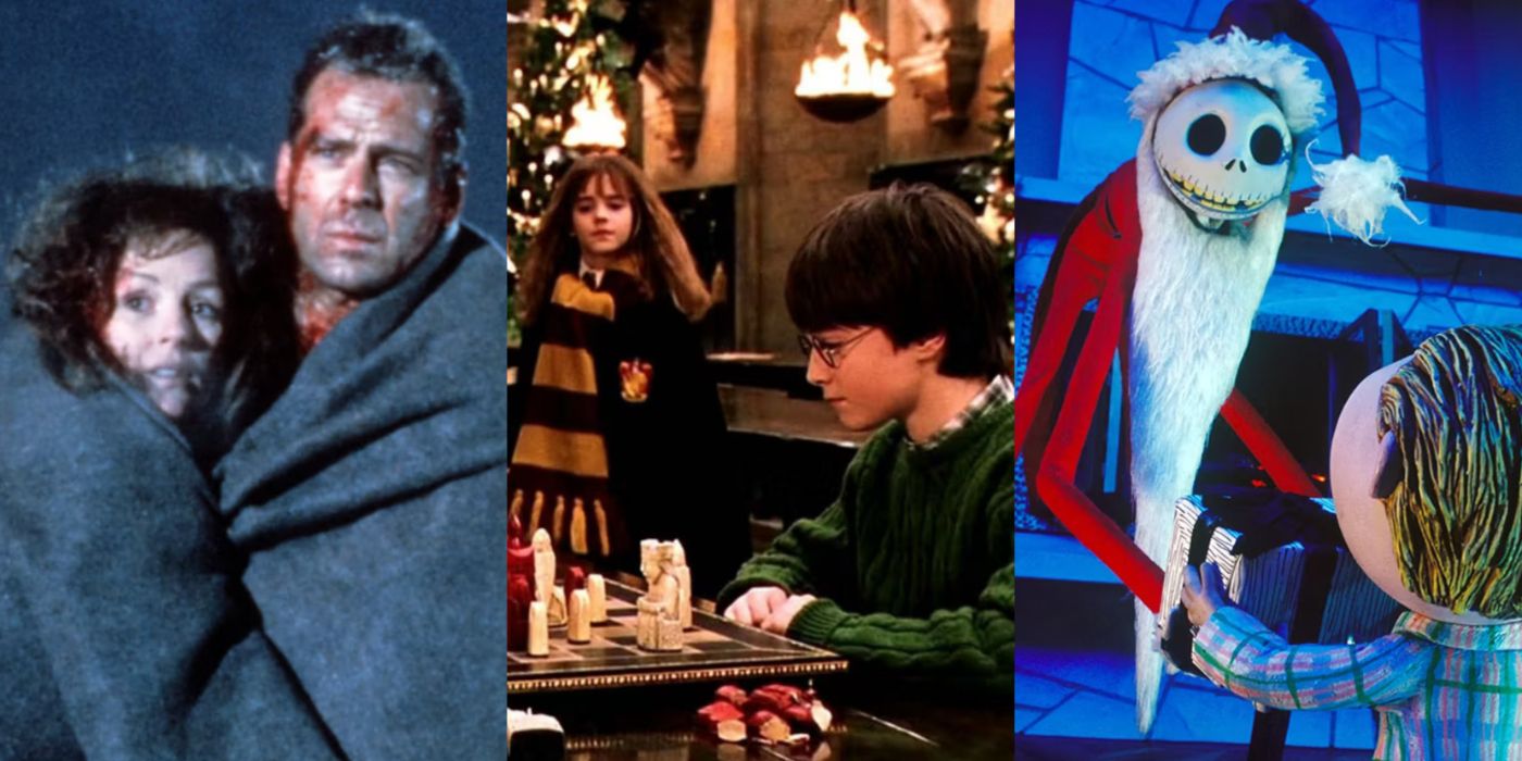 Split image of Die Hard 2, Harry Potter and the Sorcerer's Stone, and Nightmare Before Christmas