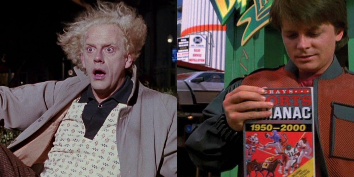 Split Image of Doc Brown and Marty with the sports almanac in Back to the Future