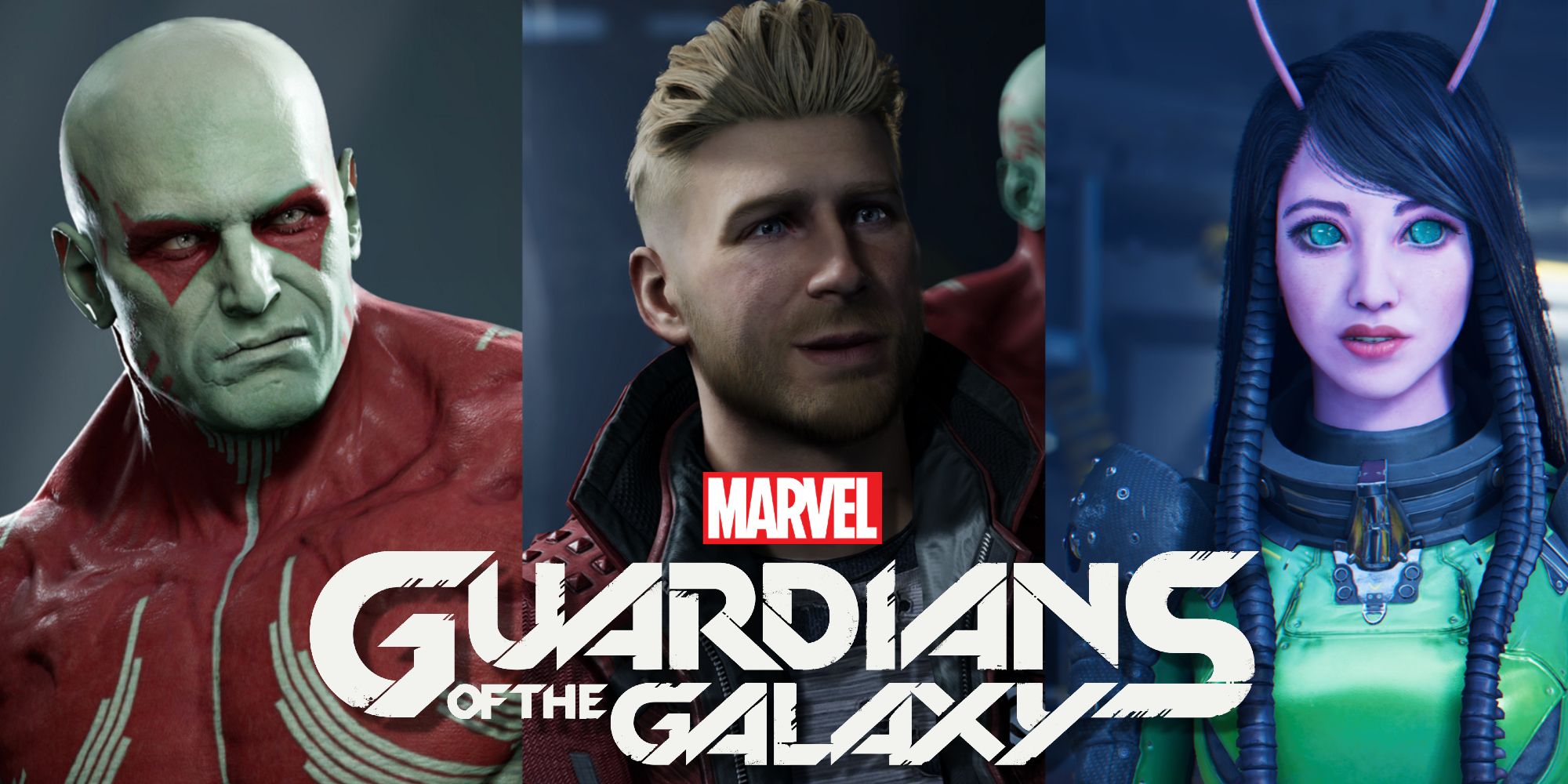 Split image of Drax, Star-Lord, and Mantis in Marvel's Guardians Of The Galaxy (2021)