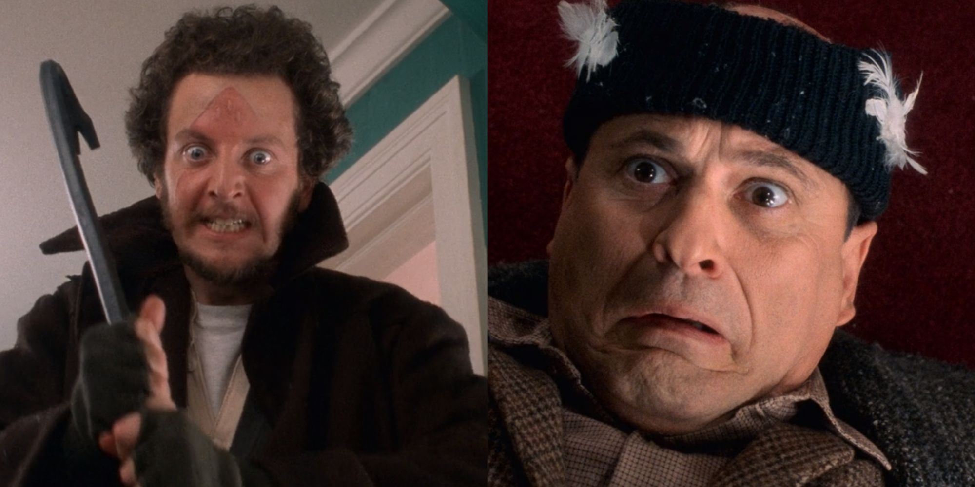 Split image of Harry and Marv during the crowbar scene in Home Alone (1990)