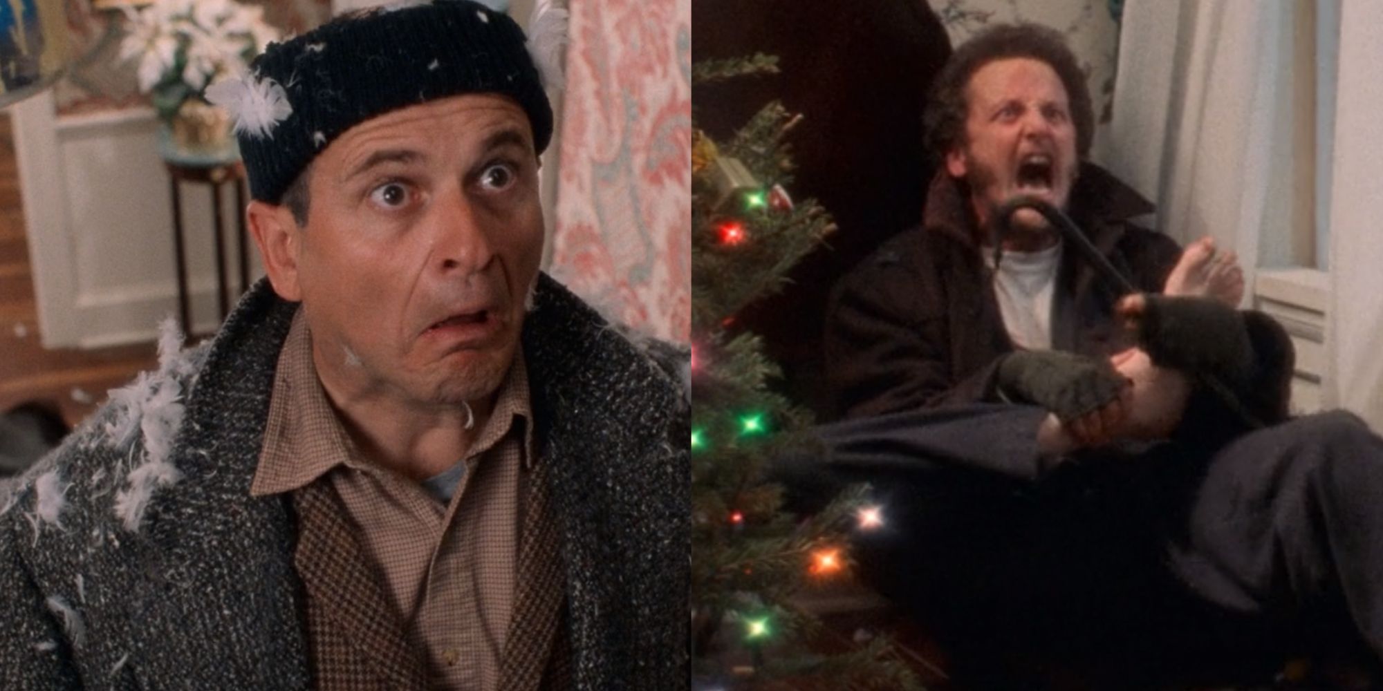 Split image of Harry and Marv going through traps in Home Alone (1990)