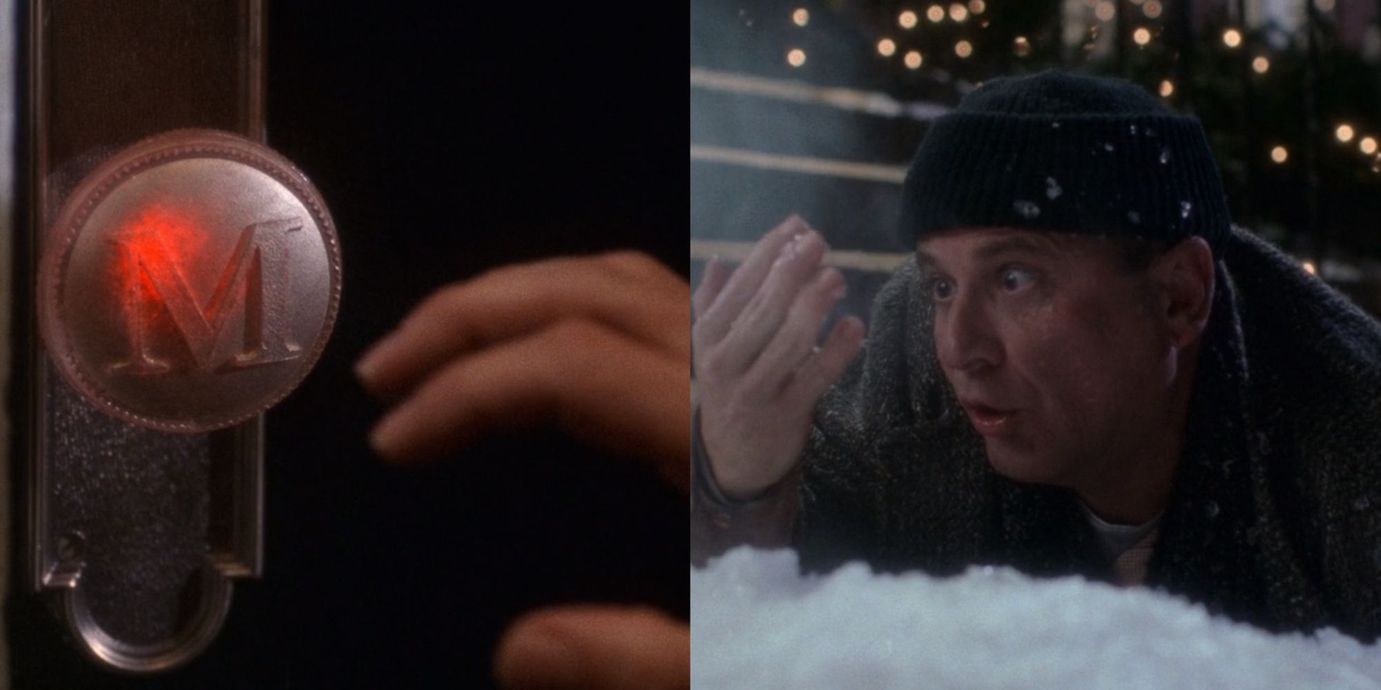 Imagem dividida de Harry queimando a mão na maçaneta da porta em Home Alone (1990)