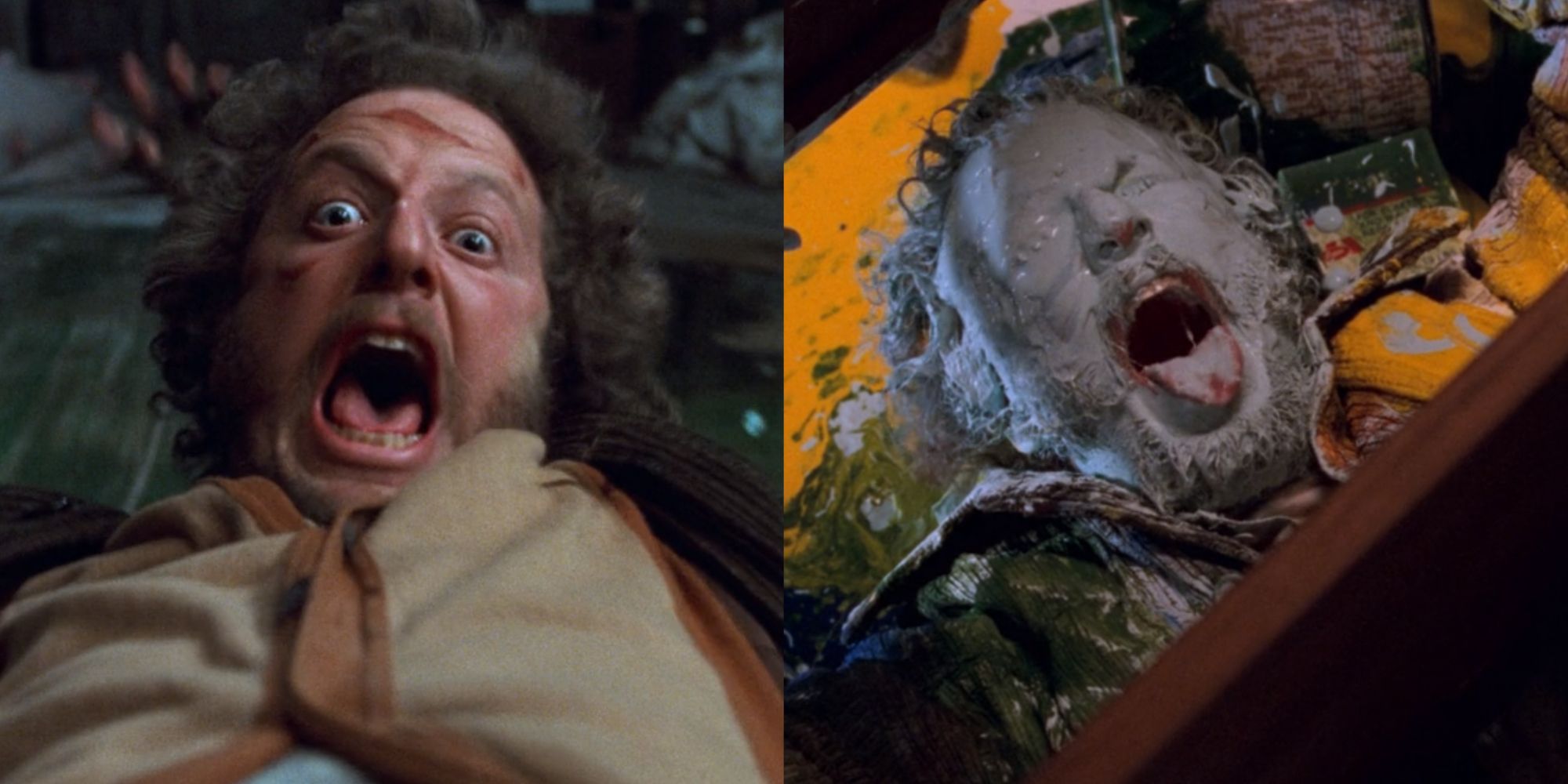 Split image of Harry going through the paint trap in Home Alone 2 Lost In New York