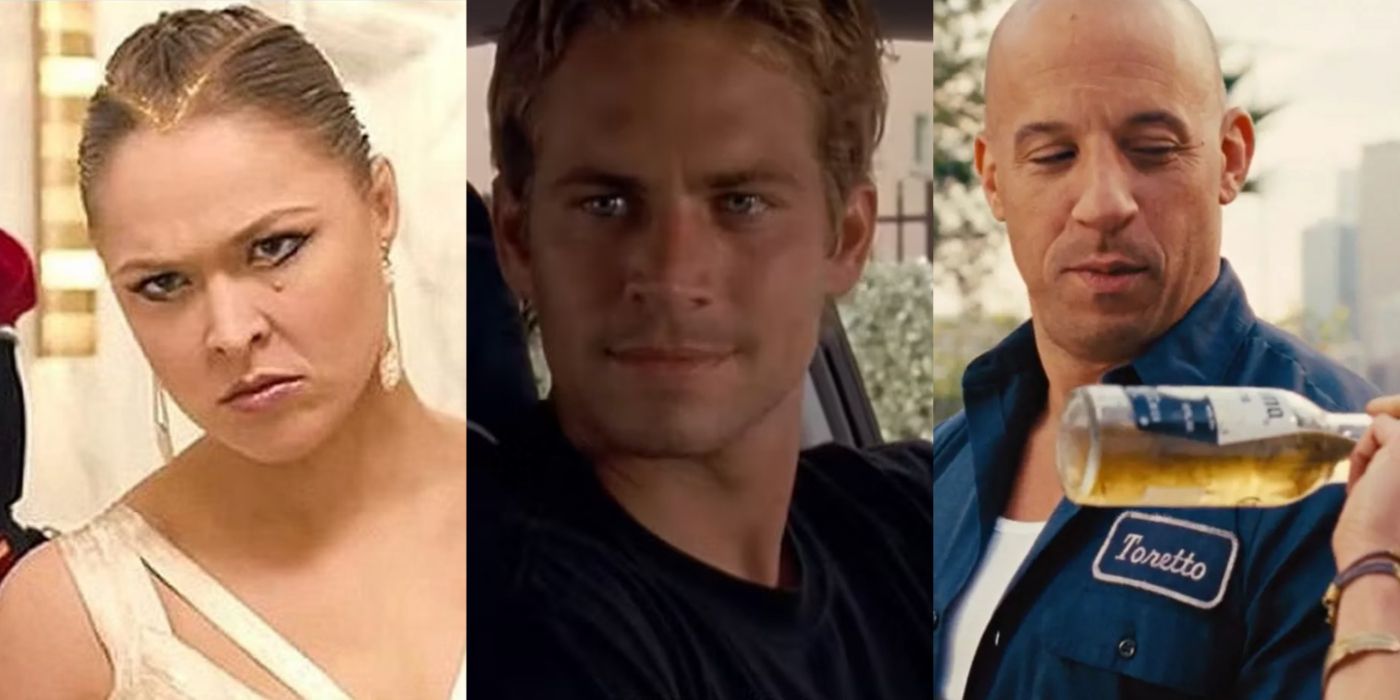 Split image of Kara, Brian, and Dom in the Fast and Furious franchise