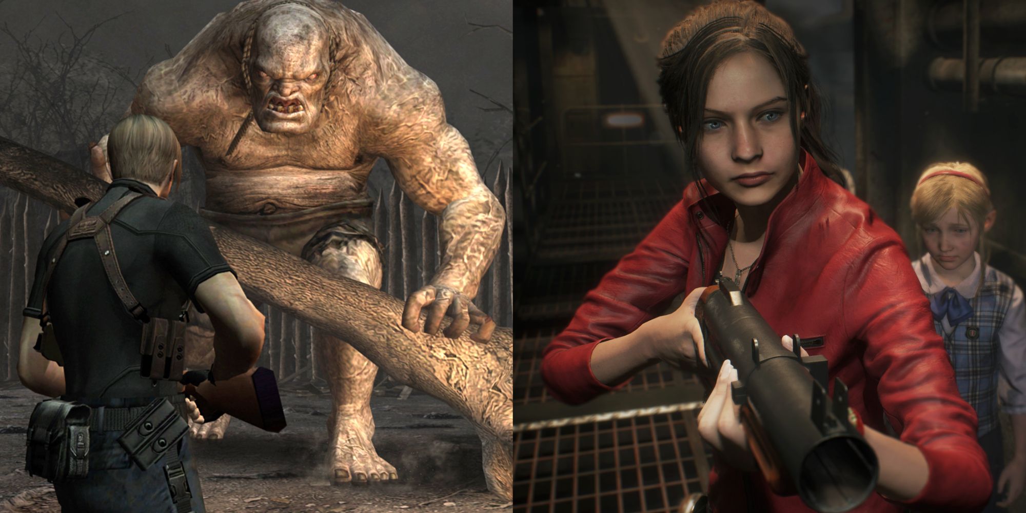 Split image of Leon fighting a monster in Resident Evil 4 and Claire holding a grenade launcher in Resident Evil 2 remake