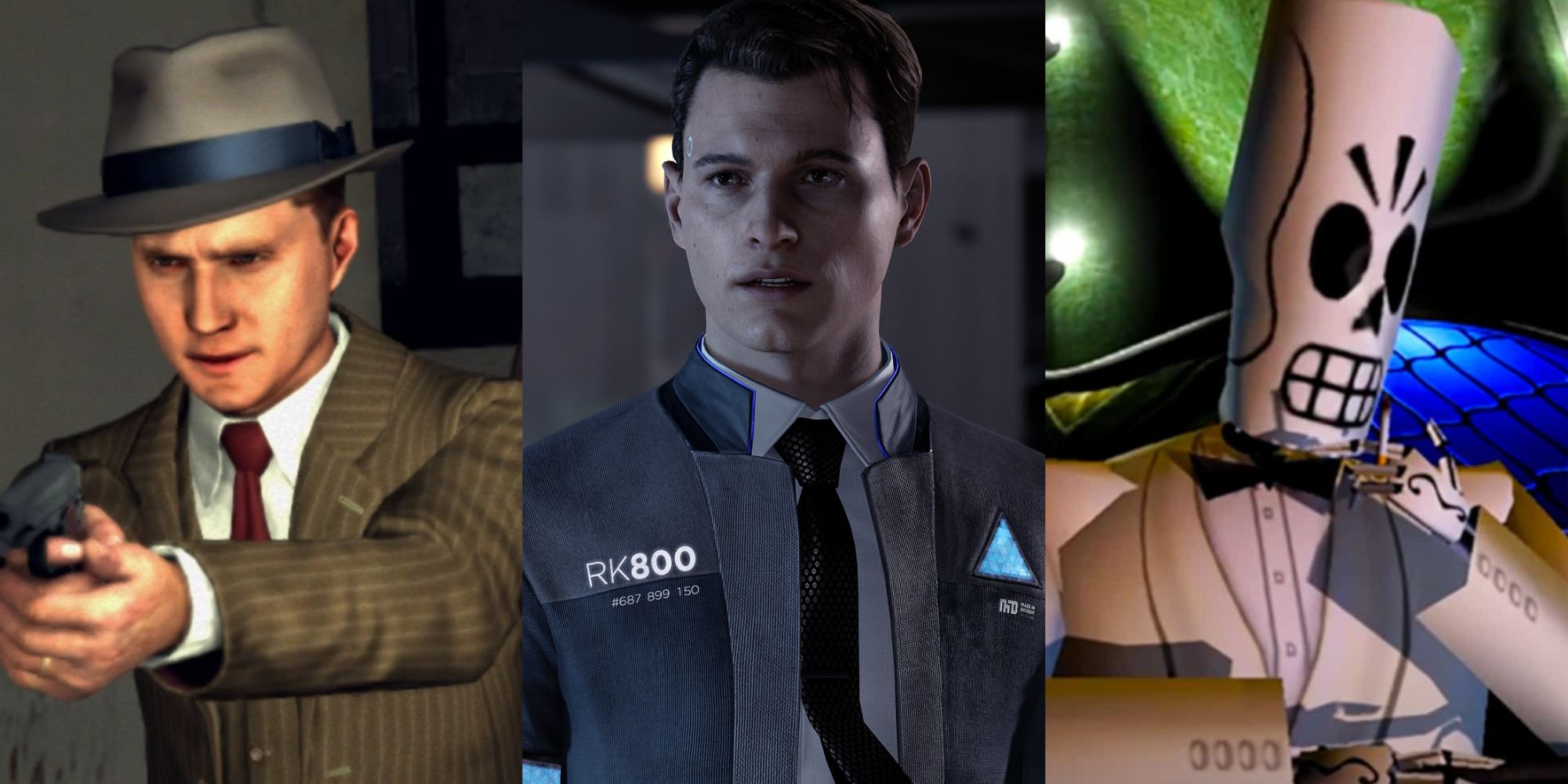 Split image of main characters from LA Noire, Detroit Become Human, and Grim Fandango