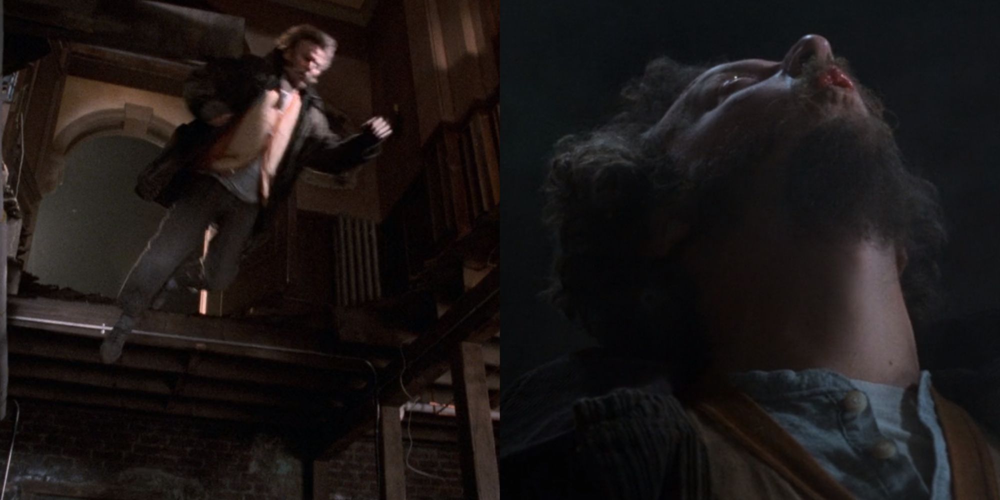 Split image of Marv falling through and staring up at the hole in Home Alone 2 Lost In New York (1991)